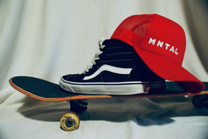 MNTAL.CO hats. mntal classic Trucker hat. Red hat with mntal logo. Streetwear Hat. mntal clothing. mntal