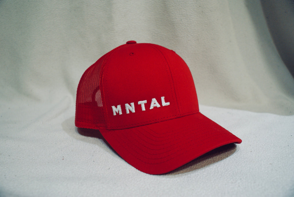 MNTAL hats. mntal classic Trucker hat. Red hat with mntal logo. Streetwear Hat. mntal clothing. mntal